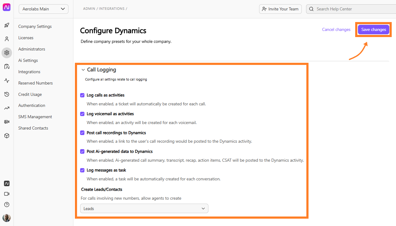 Settings for call logging in Dynamics with options to save changes highlighted.