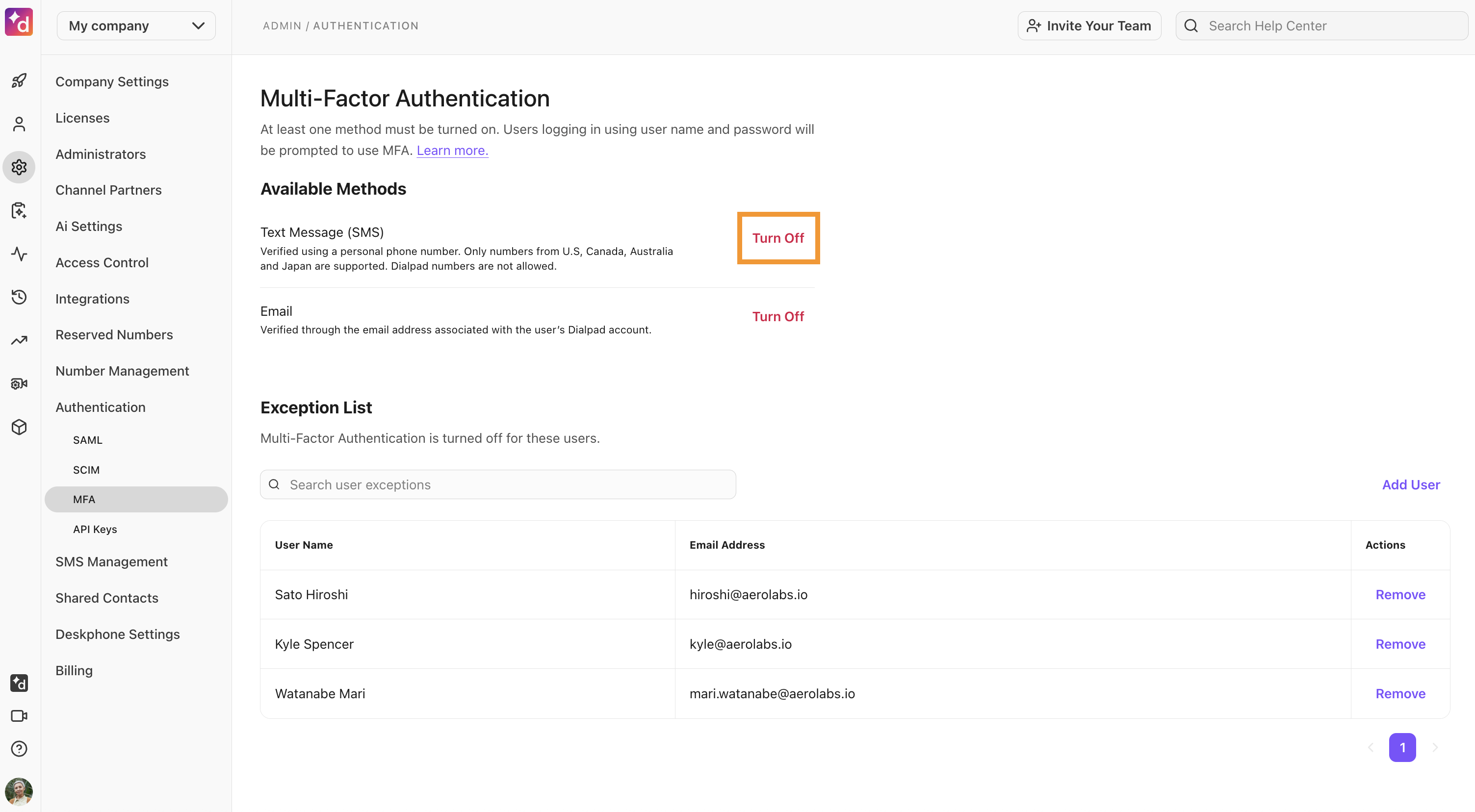 The different MFA options are shown, with the option to turn one method off highlighted.