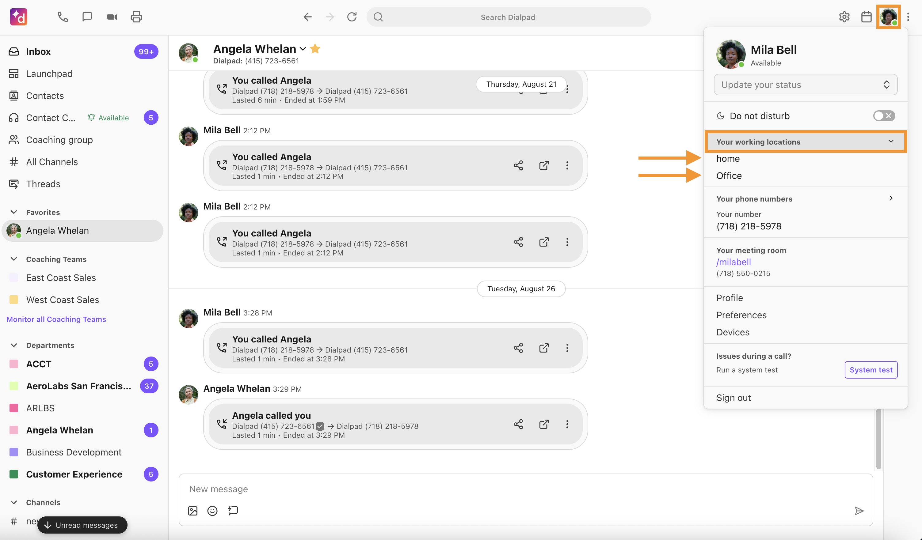 The option to change your working location from your profile avatar in the Dialpad app.
