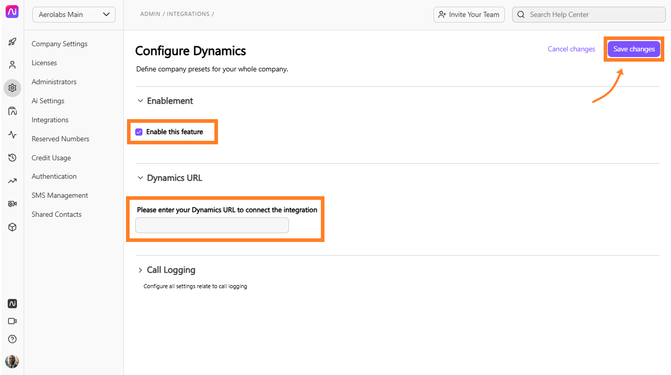 Settings page for enabling Dynamics integration with URL input field and save option.