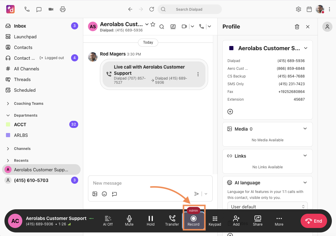 Contact center call recording button