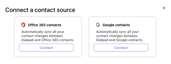 Options to connect Office 365 and Google contacts for automatic syncing.