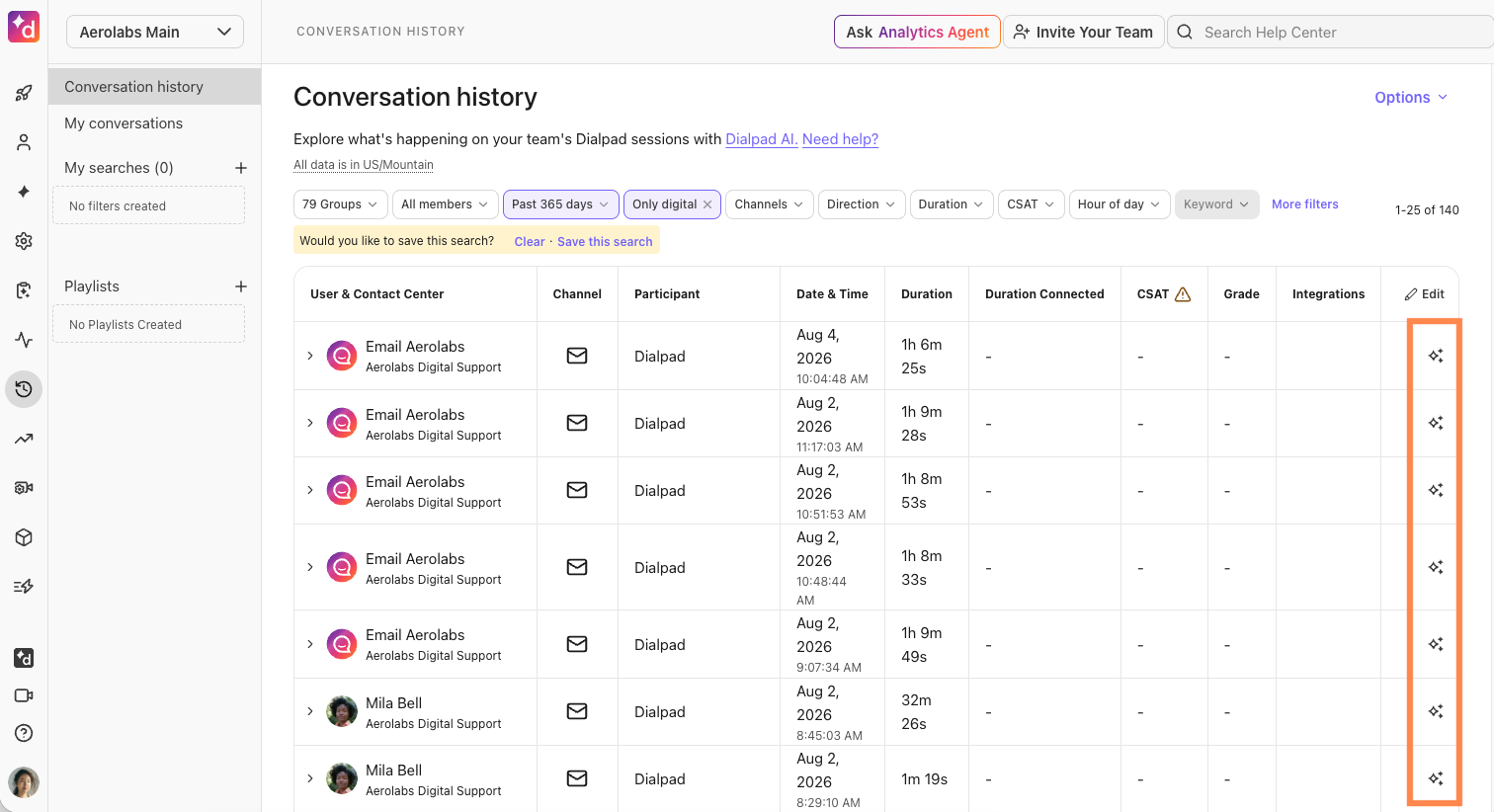 Overview of conversation history with details on participants and durations.