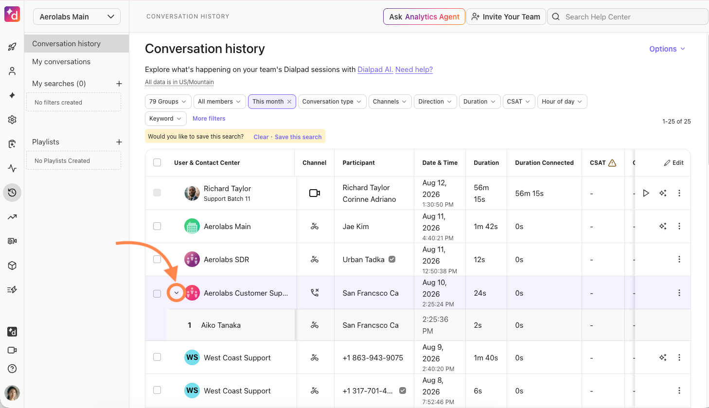 Conversation history interface showing participants, channels, and call durations for analysis.