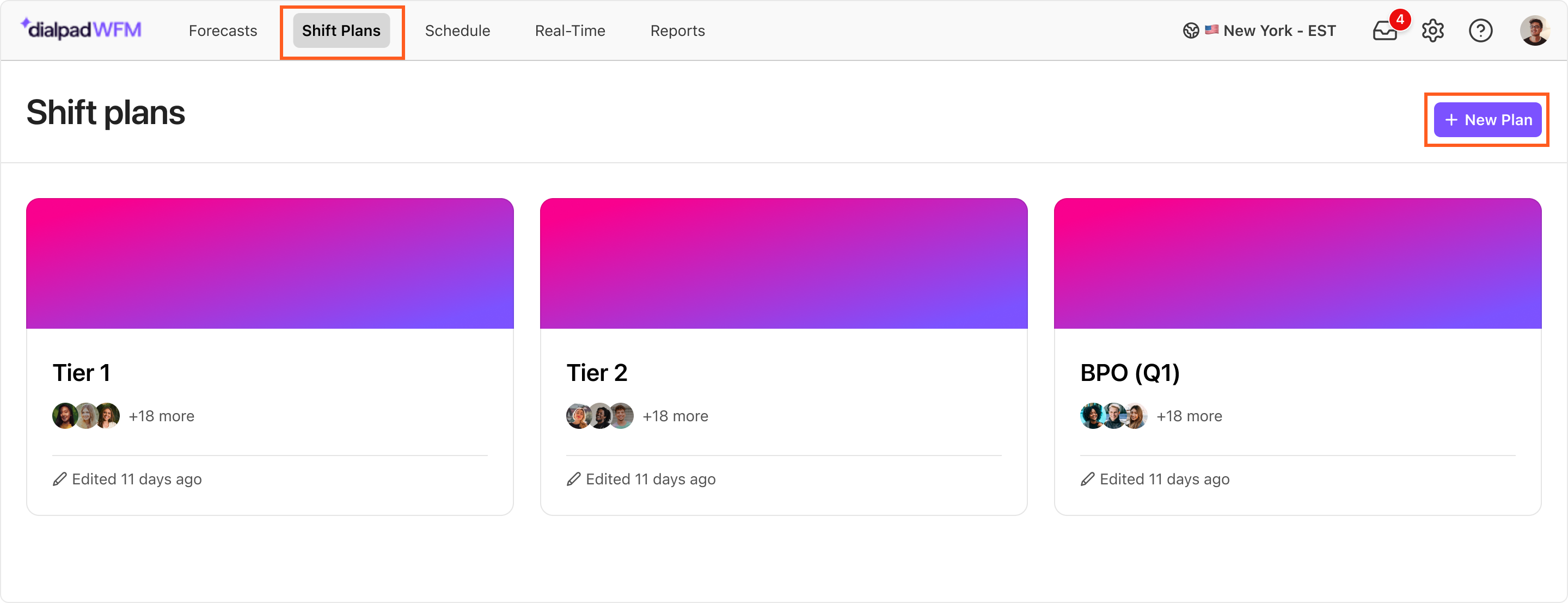 Dashboard displaying shift plans with options to create new plans and view tiers.