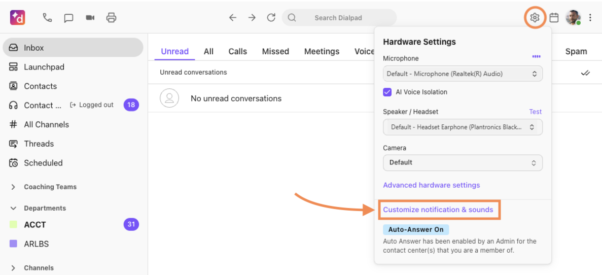 Customize notification and sounds in hardware settings