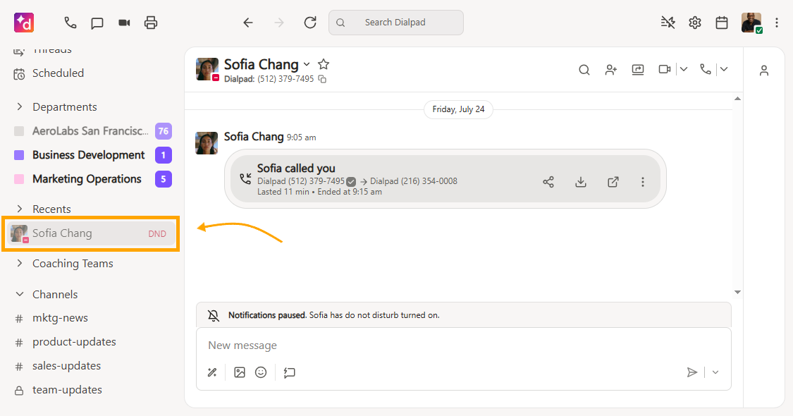 Sofia Chang's contact details and recent call information displayed in the app interface.