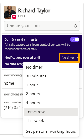 User interface showing 'Do not disturb' settings and notification timer options.