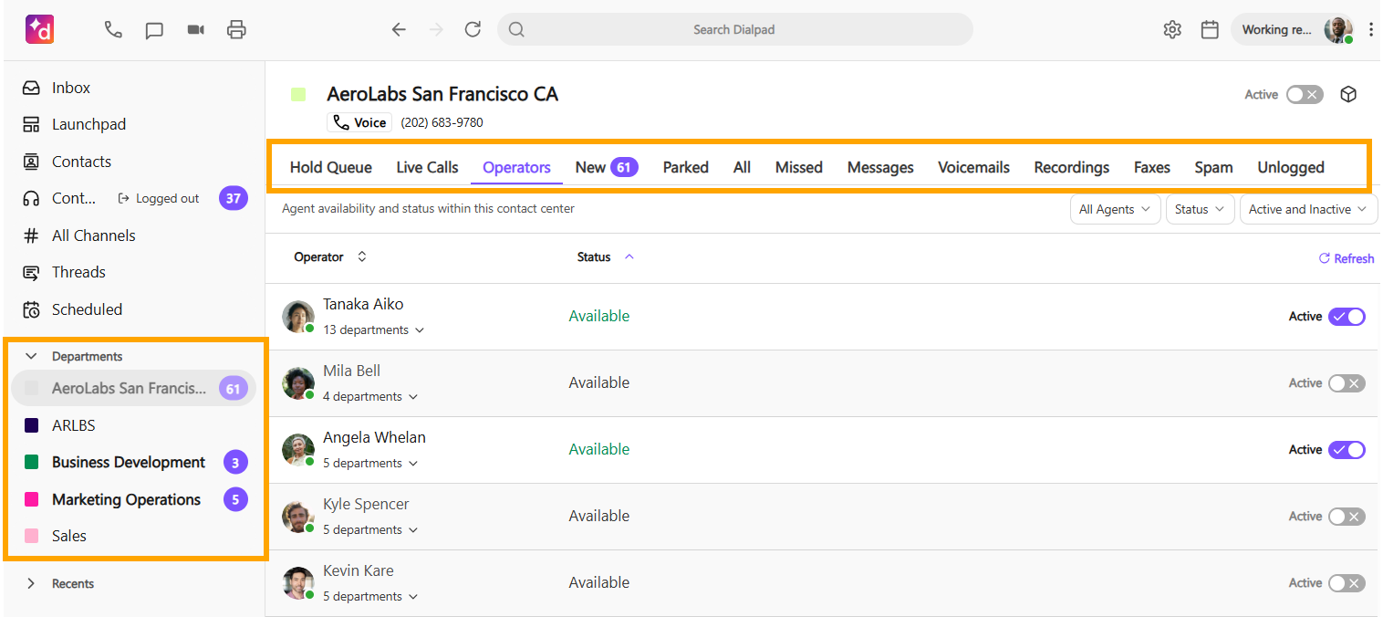 AeroLabs dashboard showing departments, operators, and call statuses for efficient management.