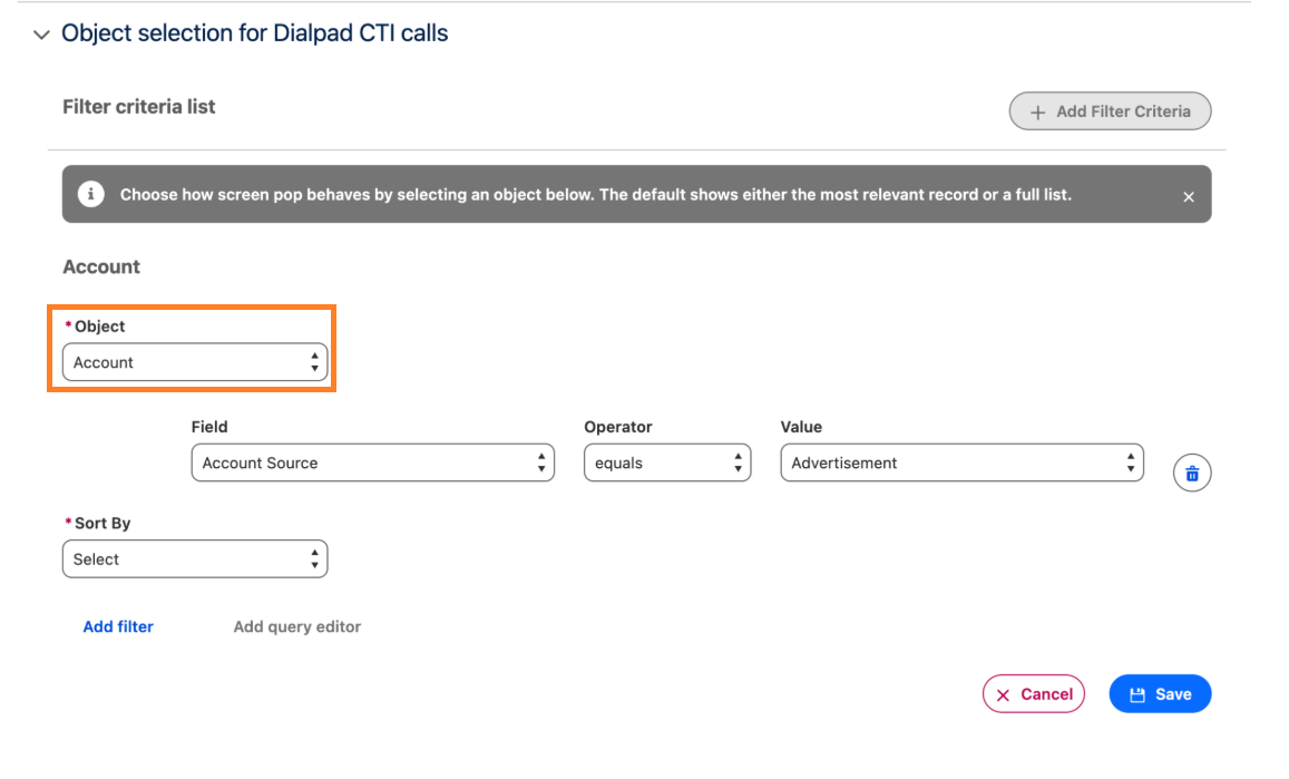Selection interface for Dialpad CTI calls, focusing on account object criteria.