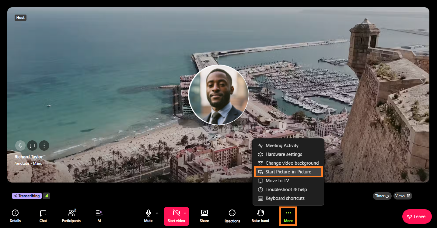 Video call interface showing options to start Picture-in-Picture mode and participant details.