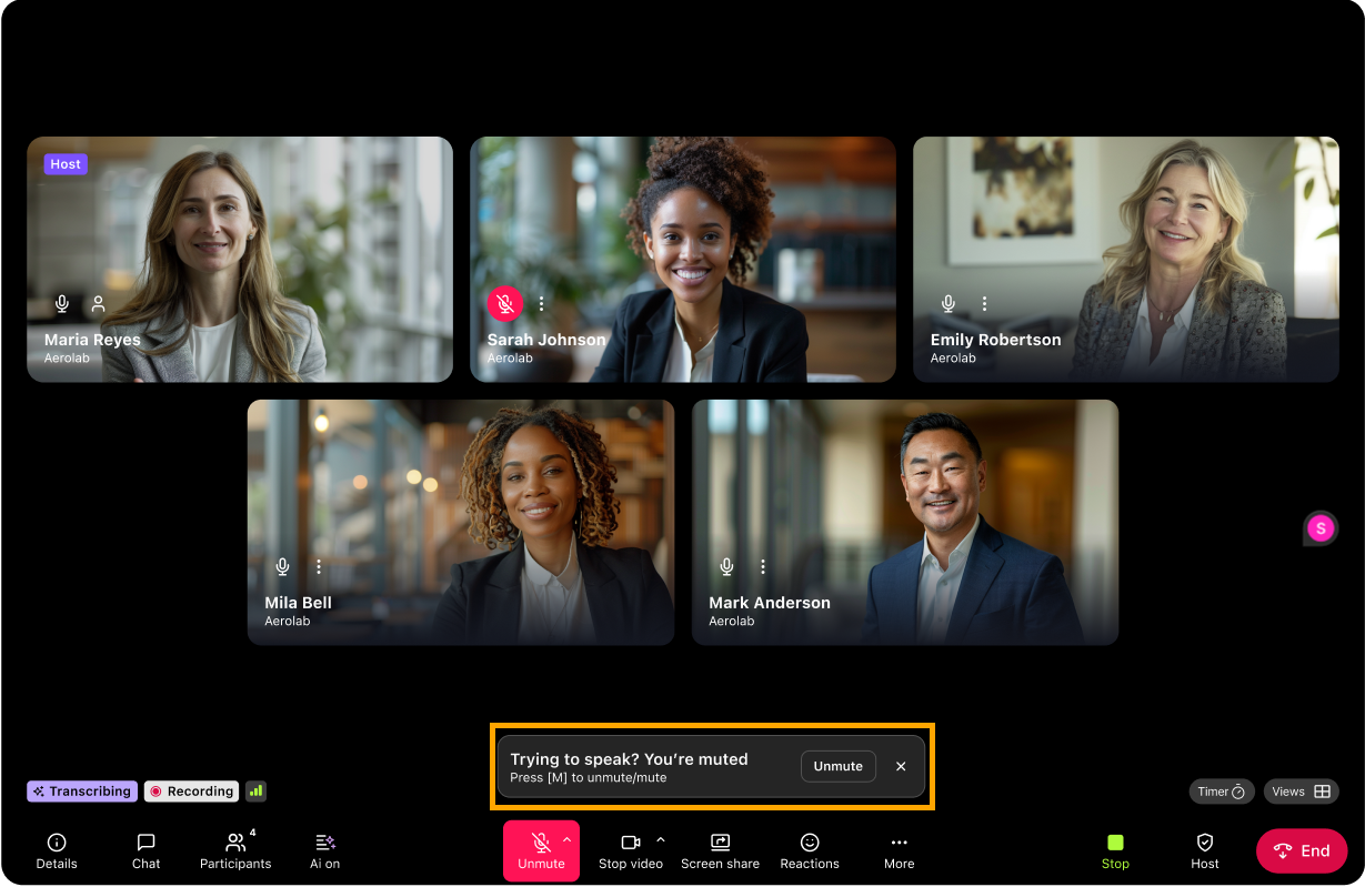 Video call with five participants, one muted, and a message about unmuting.