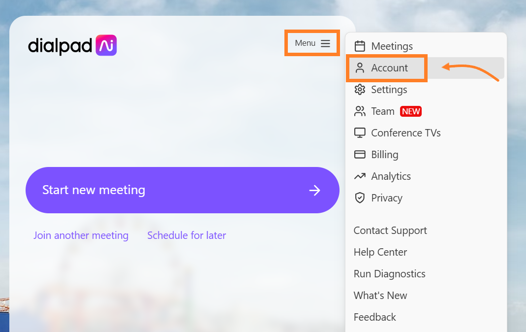 Dialpad interface showing menu options and account settings for meetings.