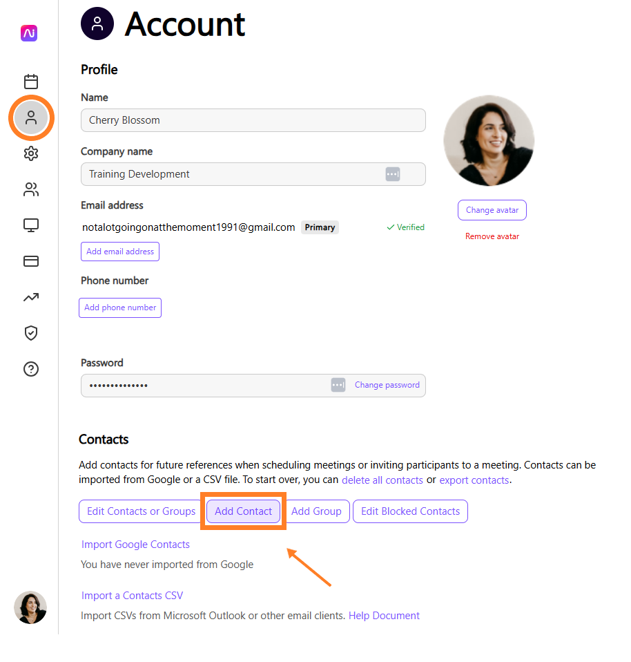 User account settings with options to add contacts and manage personal information.