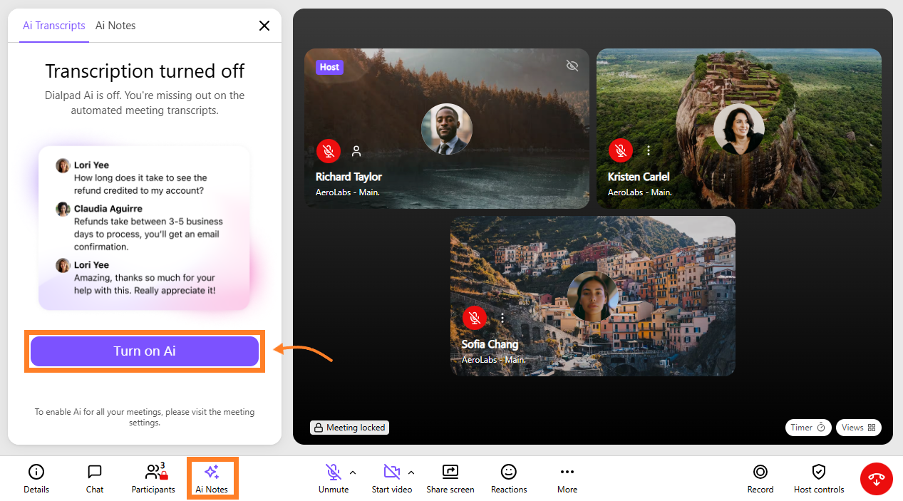 Meeting interface showing participants and a button to enable AI transcription feature.