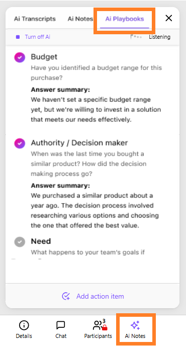 Screenshot of AI Playbooks interface showing budget, authority, and need sections.