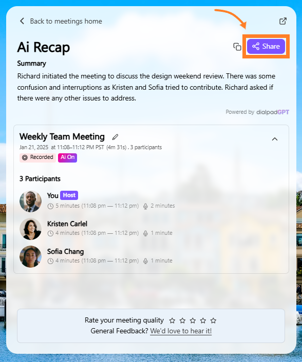 Meeting recap showing participants and sharing options for the discussion summary.