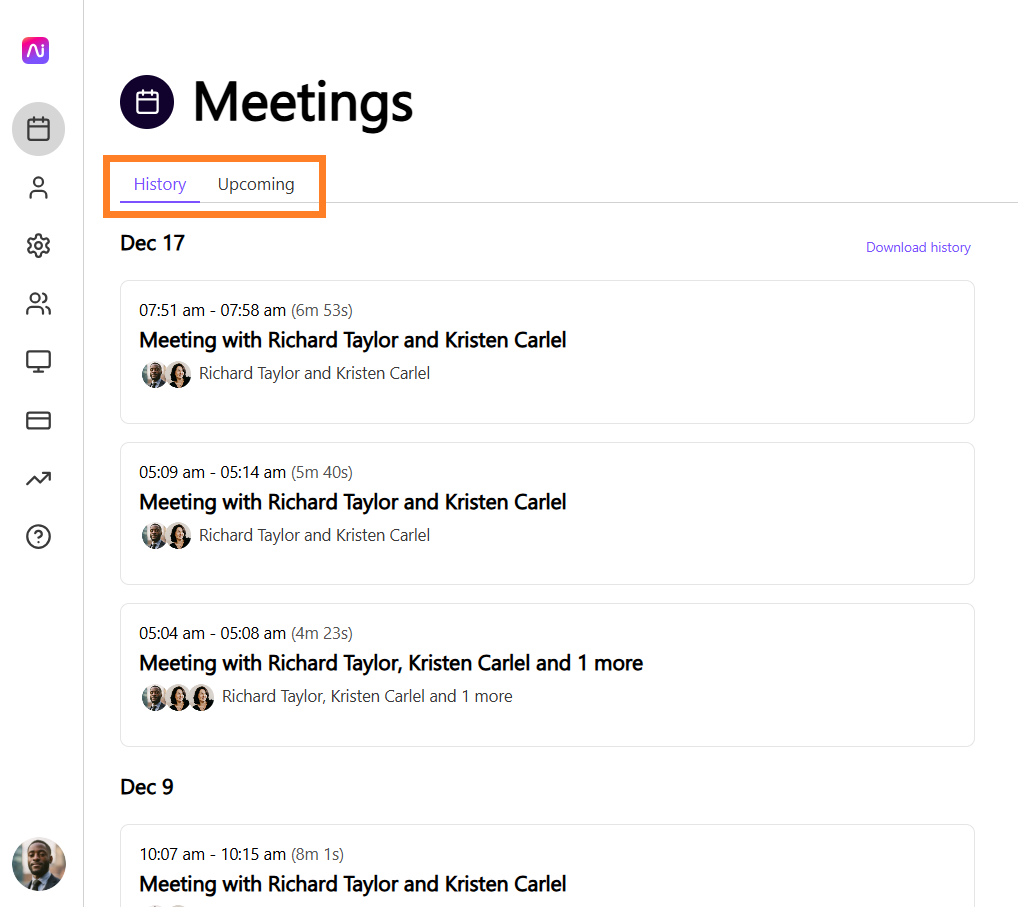 Meetings interface showing history and upcoming meetings with participants listed.