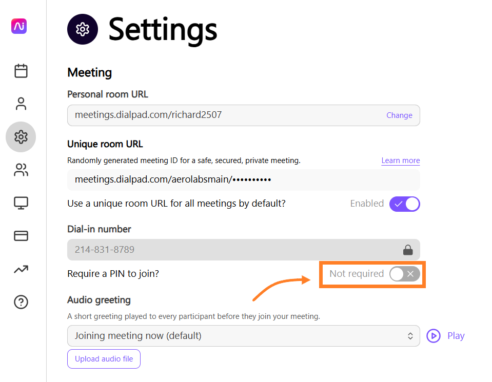 Settings page showing meeting URLs, dial-in number, and PIN requirement options.