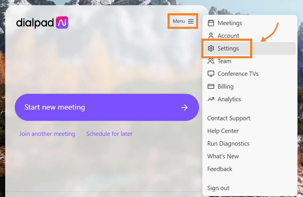 Dialpad interface showing menu options and settings for starting a new meeting.