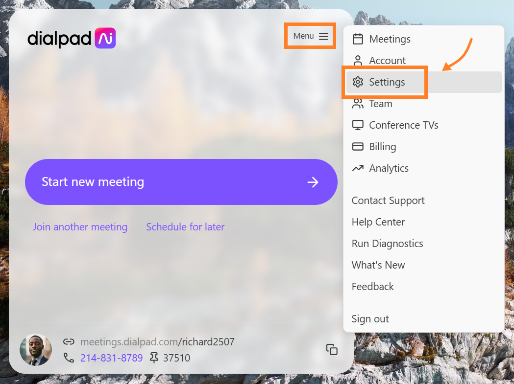 Dialpad interface showing menu options and settings for starting a new meeting.