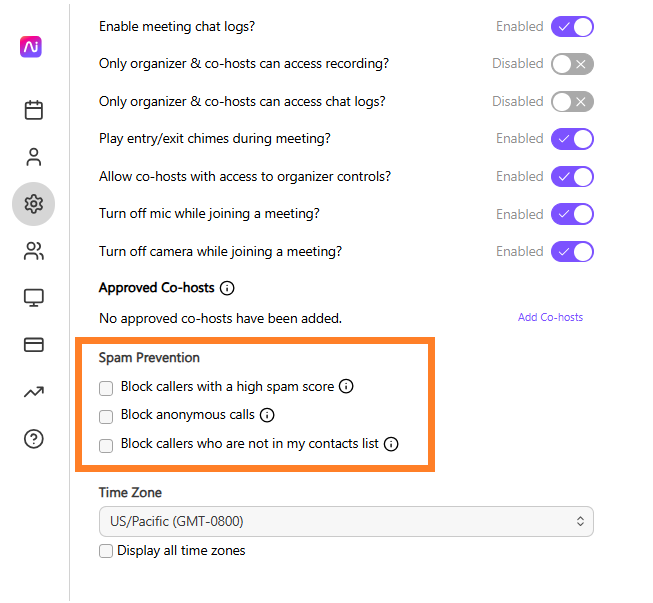 Settings for spam prevention and meeting controls in a video conferencing application.