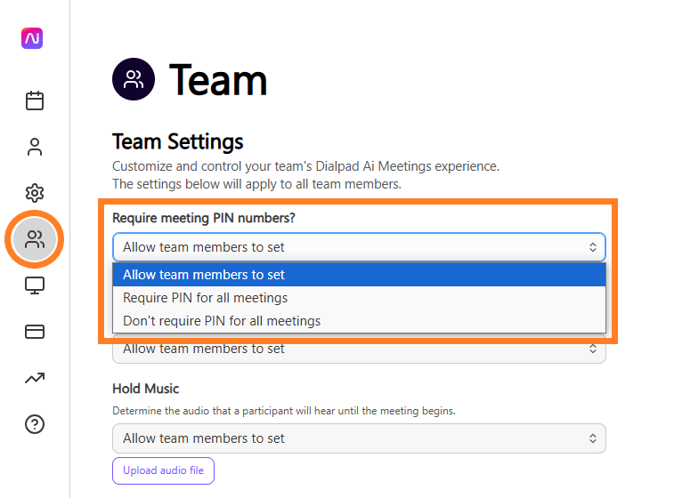 Settings for team meeting PIN numbers with options for team members to set.