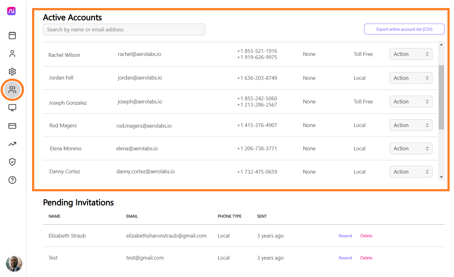 List of active accounts with email addresses and phone numbers displayed for management.