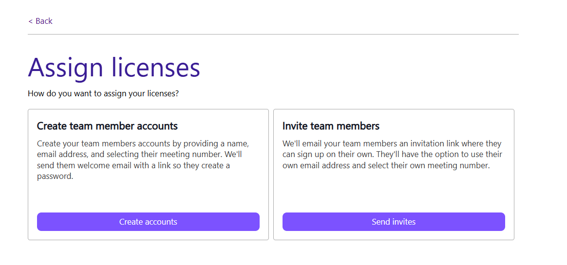 Options to assign licenses by creating accounts or inviting team members are displayed.