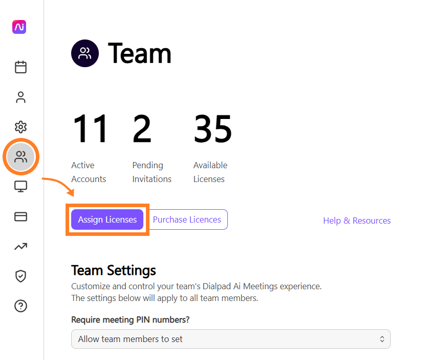 Team management interface showing active accounts, pending invitations, and license assignment options.