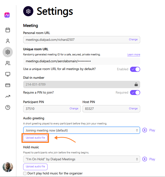 Settings page for Dialpad meetings, highlighting audio greeting and upload options.