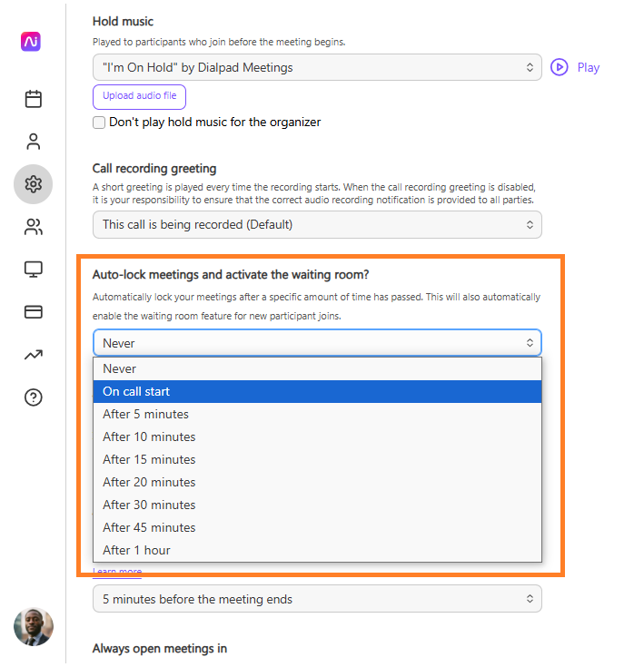 Settings for hold music and auto-lock meetings in Dialpad Meetings interface.