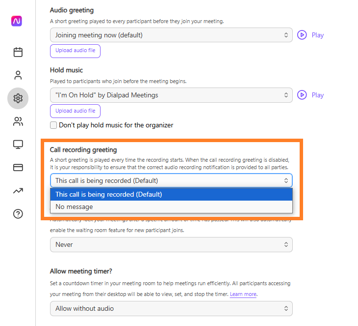 Settings for call recording greeting with options for audio notifications displayed.