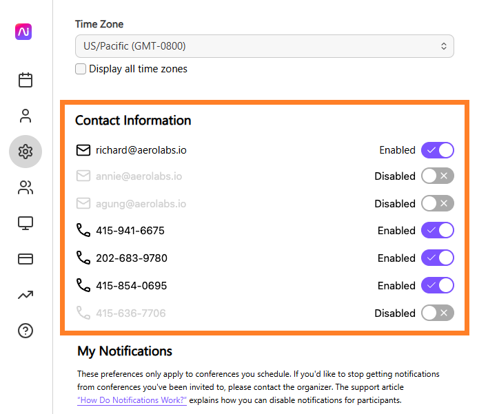 Contact information section displaying email addresses and phone numbers with enabled and disabled statuses.