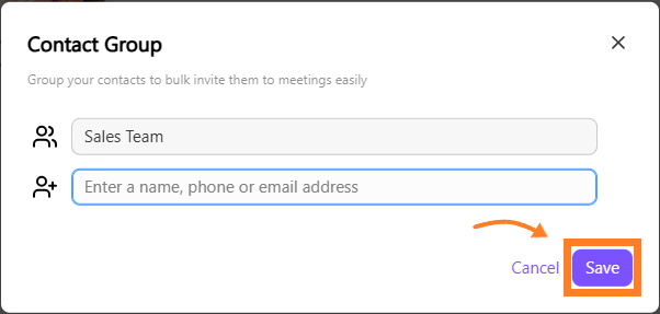 Creating a contact group named 'Sales Team' with an option to save.