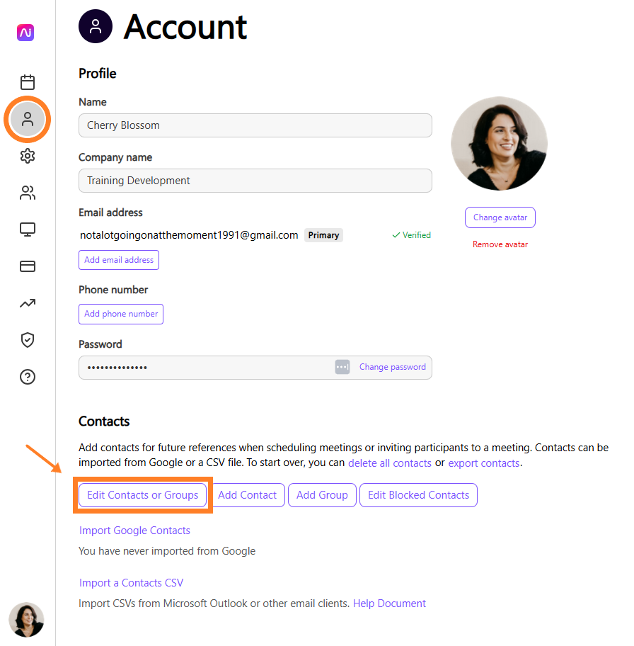 User account settings with options to edit contacts and manage profile information.