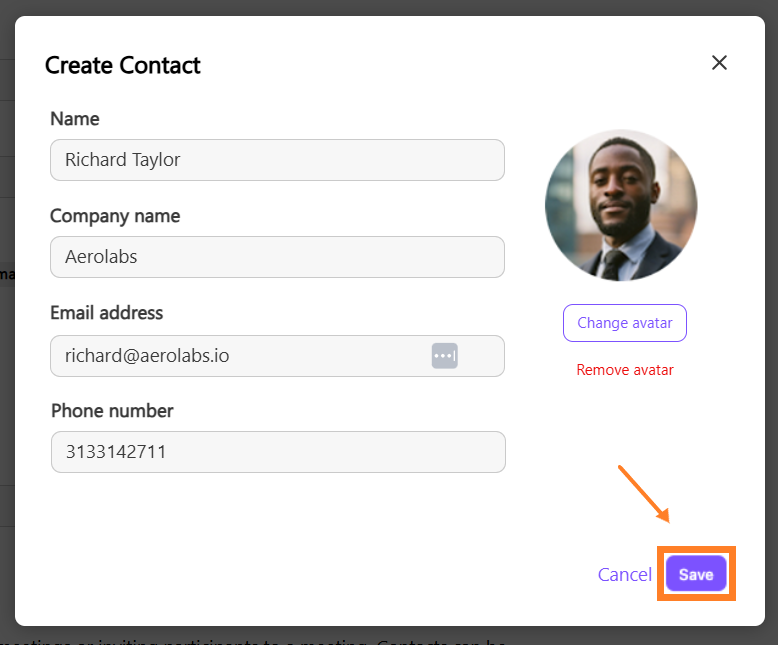 Form to create a new contact with highlighted save button and user details.