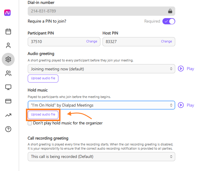 Settings for Dialpad Meetings, including audio greeting and hold music options.