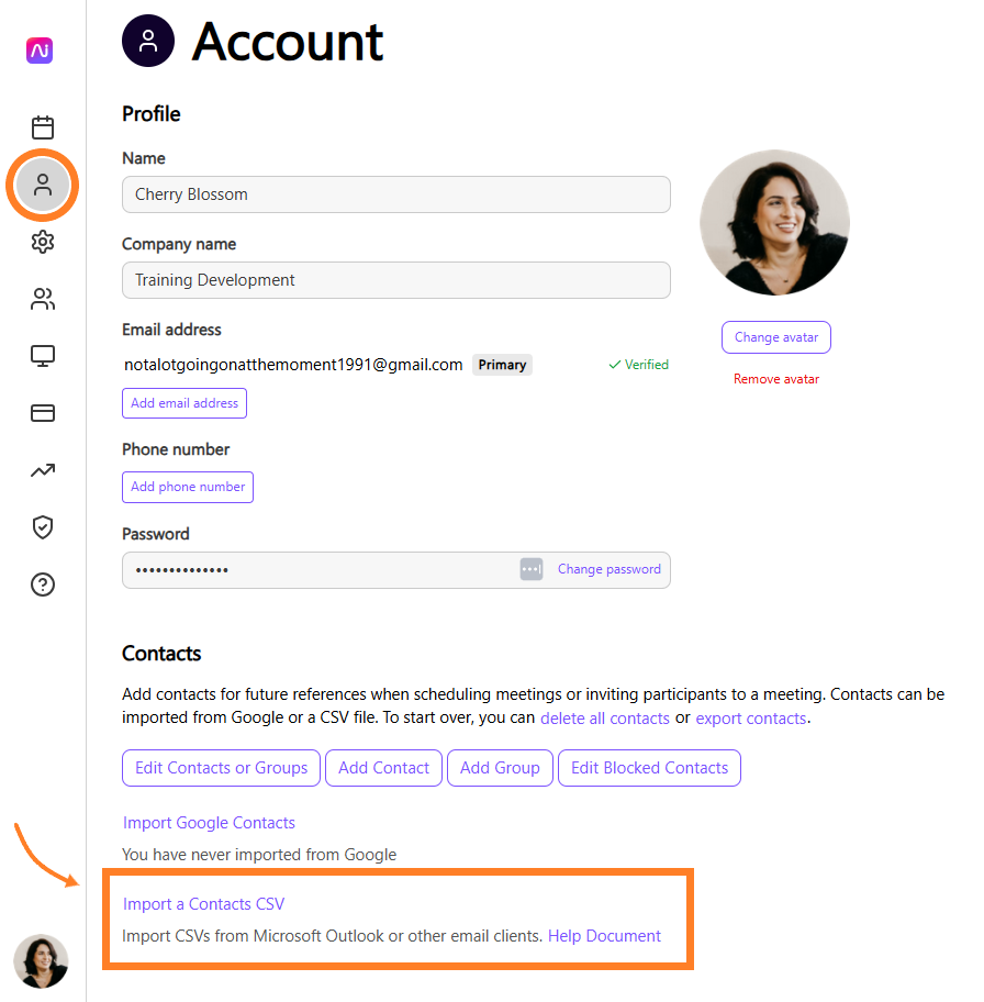 User account settings with options to import contacts and manage profile details.