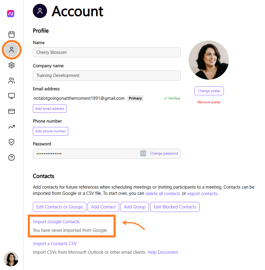 User account settings with options to import Google contacts and manage profile details.