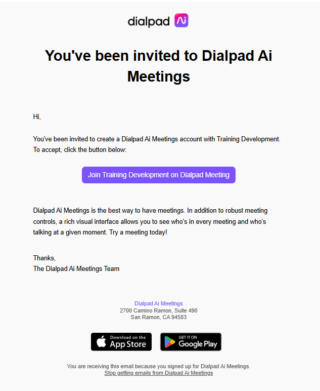 Invitation to create a Dialpad Ai Meetings account with a training development link.