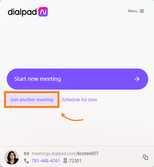 Dialpad interface showing options to start or join meetings and schedule for later.