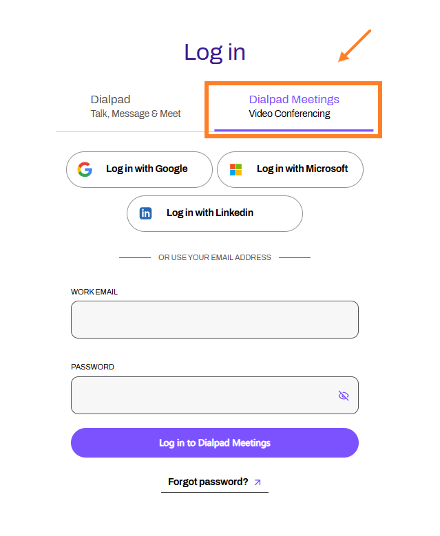 Login page for Dialpad Meetings with options for Google, Microsoft, and LinkedIn.