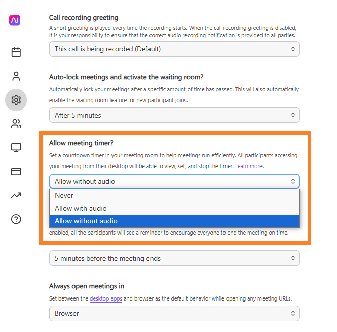 Settings for meeting timer options including audio preferences and countdown timer functionality.