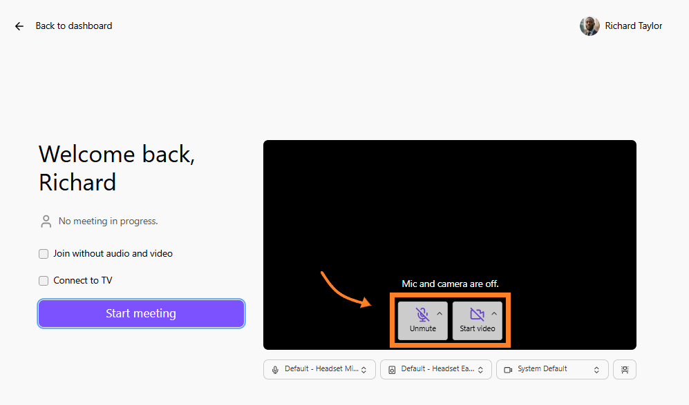 Dashboard showing options to start a meeting, unmute, and start video.