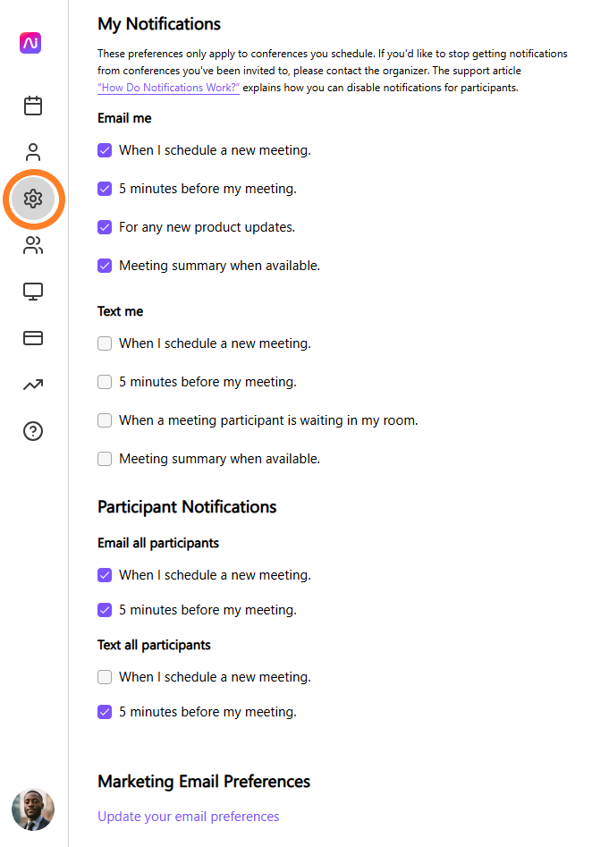 Notification settings for meetings, including email and text preferences for participants.