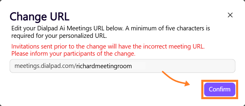 Dialog box for changing a meeting URL with confirmation button and instructions.