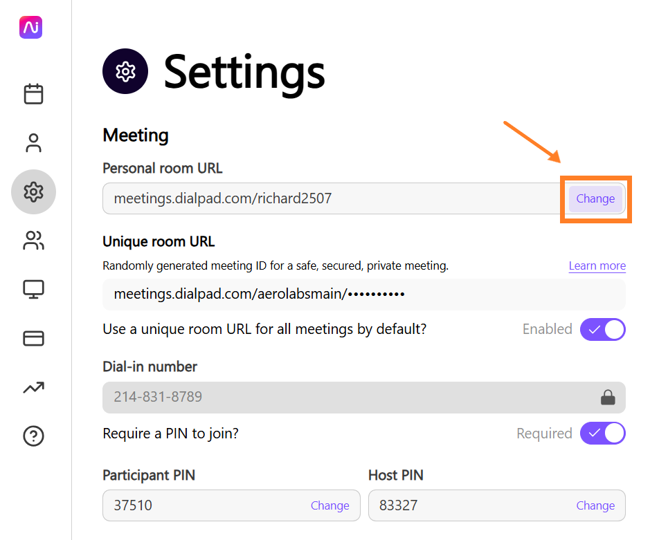 Settings page showing meeting URLs and options for changing participant PINs.