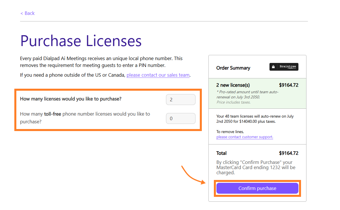 Purchase licenses section showing quantity selection and confirmation button for Dialpad AI Meetings.