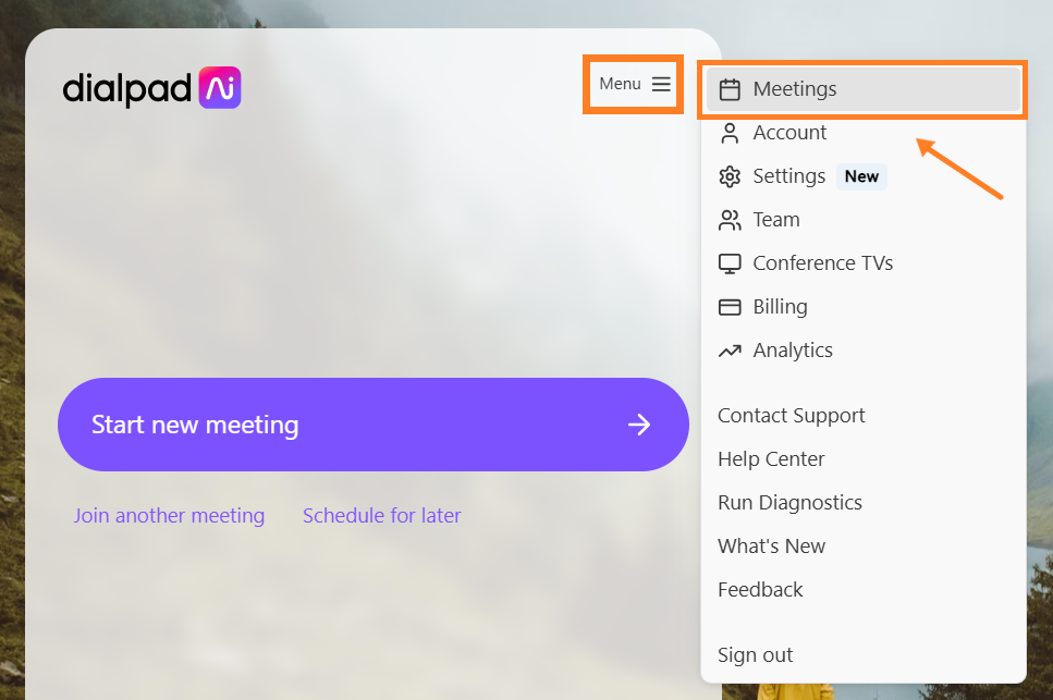 Dialpad interface showing options to start a new meeting and access settings.